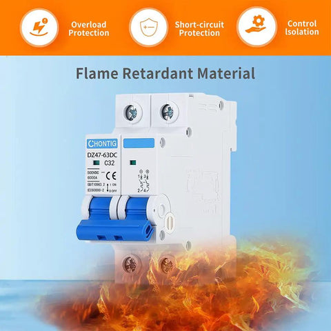 32 Amp DC Circuit Breaker Two Pole 500V Solar PV Disconnect Switch With Thermal Magnetic Trip DIN Rail Mount Isolator C32 Arc Quenching System Keeps Your Power Rig Safe From Overloads And Short Circuits. white flame-retardant housing, blue lever
