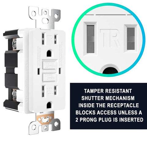 15 Amp GFCI Outlet With LED Indicator Tamper Resistant Safe Indoor Outdoor Receptacle close-up view and mechanism detail
