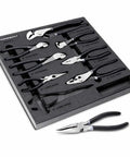 Pro Grade 8 Piece Master Pliers Set With Long Reach Diagonal Slip Joint Adjustable Linesman Groove Joint End Nippers And Long Nose Pliers In One Heavy Duty Chrome Moly CrMo Steel Kit With Organizer Tray displayed neatly in EVA foam tray