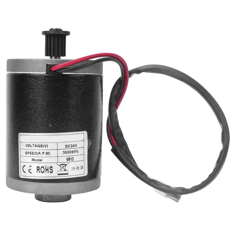 Beefy 24V 100W DC Brushed Motor with carbon brushes, aluminum alloy housing, metal belt pulley, and wiring for scooters and bikes.