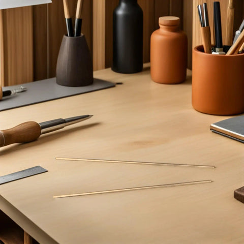 Two Brass Knife Pins For DIY Knife Handle Kits And Repairs on a wooden table with tools and a notebook nearby