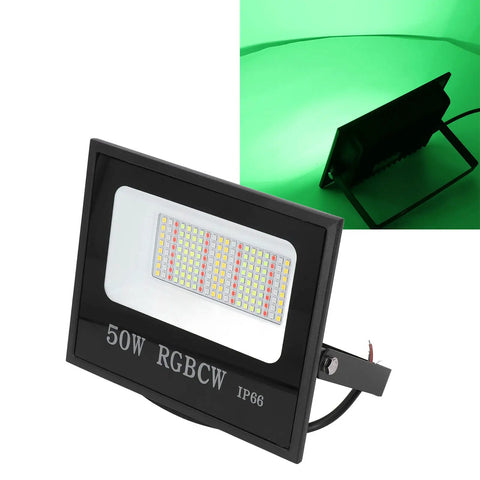 Onythral LED Flood Light, 50W, black housing, bright RGB lighting, showcasing wires and IP66 rating.