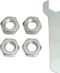 Metal wrench and four silver hex nuts for use with 3-inch thermoplastic rubber caster wheel with 3/8-16 threaded stem.