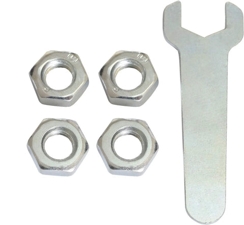 Metal wrench and four silver hex nuts for use with 3-inch thermoplastic rubber caster wheel with 3/8-16 threaded stem.