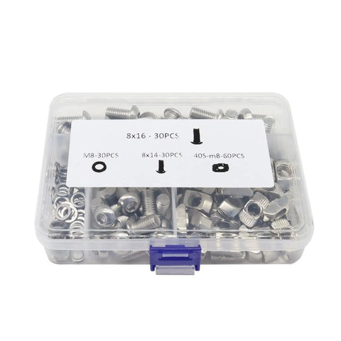 Complete M8 Hardware Kit For 4040 And 4080 Aluminum Extrusion Profiles in clear case with screws, T-nuts, and washers