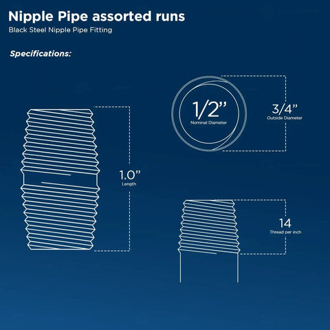 Specifications of Beefy One Half Inch Black Steel Pipe Nipple Set, 10 Pack, 1 Inch Length, Pre Cut Threaded Close Nipples