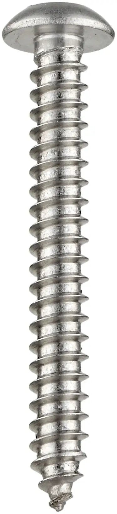 Built Tough Heavy Duty 18 8 Stainless Steel Sheet Metal Screws Button Head Pin In Star Drive Type Ab Point Three Quarter Inch Standard Ten Thread Made In Usa Pack Of 25 For Easy Ratchet Use, close-up of a sleek button head screw.