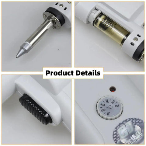 Close-up of Desoldering Gun S-993A 110V 100W Vacuum Solder Sucker with 1.0mm nozzle, showing heat control dial and detailed components.