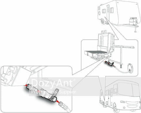 Illustration of Quarter Inch RV Propane Quick Connect Adapter Kit with Shutoff Valve and Full Flow Plug for low pressure RV gas line.