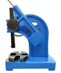 Heavy Duty 2 Ton Arbor Press With Kickass Ratchet System Cast Iron Steel Desktop Manual Bench Machine showing blue body and precision U slot base.