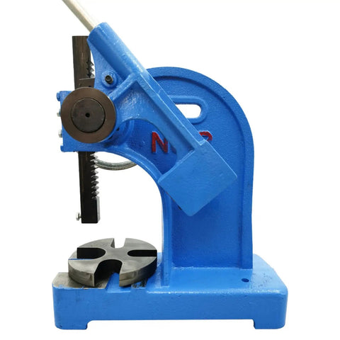 Heavy Duty 2 Ton Arbor Press With Kickass Ratchet System Cast Iron Steel Desktop Manual Bench Machine showing blue body and precision U slot base.