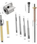8 Piece Pen Turning Mandrel Set For Wood Lathe With 7mm Drill Bit And Barrel Kit showing components and measurements