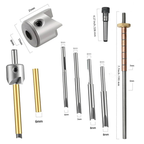 8 Piece Pen Turning Mandrel Set For Wood Lathe With 7mm Drill Bit And Barrel Kit showing components and measurements