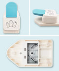 3 In 1 Gift Tag Punch Set With 1.5 Inch, 2 Inch, And 2.5 Inch Round Hole Punches, showing top and side views, includes blue lever.
