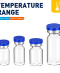 Four 10mL sterile glass vials with self-healing injection ports and sealing caps, displaying temperature range, for medical use.