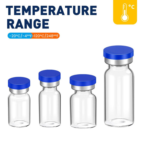 Four 10mL sterile glass vials with self-healing injection ports and sealing caps, displaying temperature range, for medical use.