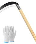 Lightweight Wood Handle Grass Sickle with Carbon Steel Blade for Easy Weeding and Lawn Care next to white gardening gloves