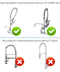 Diagram showing compatible and incompatible faucets for Pre Rinse Sprayer For Commercial Sink Faucets With High Pressure 1.42 GPM, Chrome Finish.