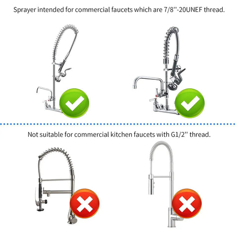 Diagram showing compatible and incompatible faucets for Pre Rinse Sprayer For Commercial Sink Faucets With High Pressure 1.42 GPM, Chrome Finish.