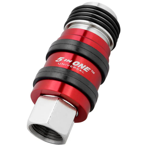 Heavy Duty Five In One Universal Safety Exhaust Quick Connect Industrial Coupler, red aluminum, designed for quick air venting.