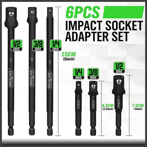 Heavy Duty Six Piece Impact Grade Socket Adapter Set with Three Inch and Six Inch Hex Shank Converts Sockets to Drills