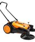 Heavy Duty 38 Inch Walk Behind Floor Sweeper With Triple Brush Setup And Twelve Gallon Hopper Crushes Debris Fast On Concrete And Asphalt Like A Champ For Warehouses at an angle, showcasing its three brushes and ergonomic handle.