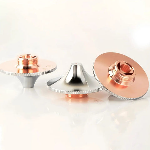 High Speed 28mm Fiber Laser Nozzle Set 5 Pcs Double Layer Caliber D28 H15 M11 visible with copper finish and threading