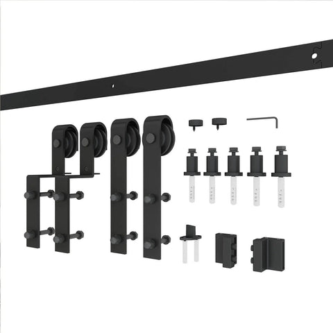 Sliding Barn Door Hardware Kit For Bypass Double Doors With Side Mounted Rails, 400cm Track, Heavy Duty Carbon Steel Components