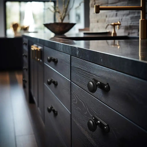 Killer 6-Pack Matte Black Cabinet Knobs With Backplates Solid Zinc Alloy Single Hole Drawer Pulls For Kitchen Cabinets And Dressers on dark wood drawers.