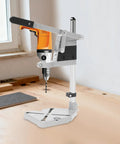 Jzswyst Heavy Duty Aluminum Drill Press Stand With 90 Degree Rotating Adjustable Bench Clamp For Hand Drill, showcasing adjustable depth control feature.