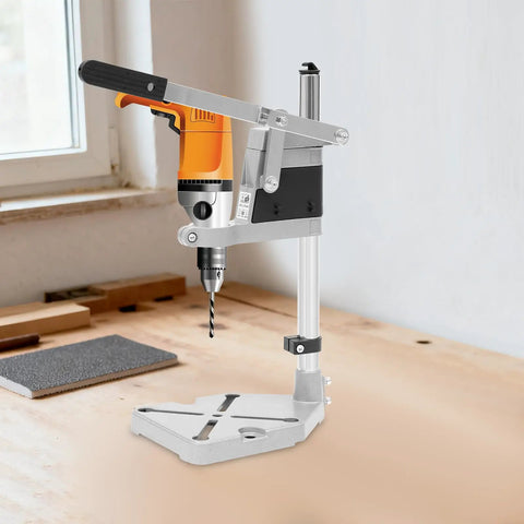 Jzswyst Heavy Duty Aluminum Drill Press Stand With 90 Degree Rotating Adjustable Bench Clamp For Hand Drill, showcasing adjustable depth control feature.