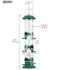 Six Port Metal Bird Feeder With Heavy Duty All Metal Construction 15 Inch Hanging Seed Feeder For Mixed Seed Blends And Sunflower Hearts Green Finish Gift Box Included, side view showing dimensions and green finish.