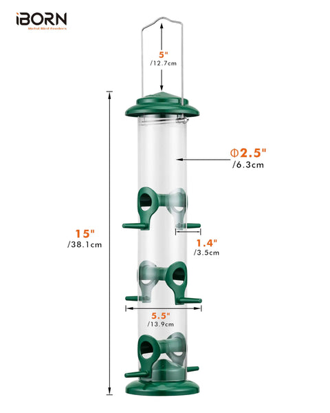 Six Port Metal Bird Feeder With Heavy Duty All Metal Construction 15 Inch Hanging Seed Feeder For Mixed Seed Blends And Sunflower Hearts Green Finish Gift Box Included, side view showing dimensions and green finish.