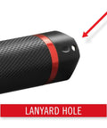 Close-up of the G26 415 Lumen Bulls Eye Spot Beam LED Flashlight's lanyard hole with red accented casing.