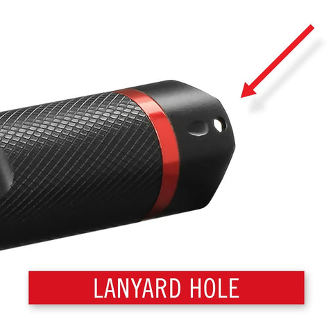 Close-up of the G26 415 Lumen Bulls Eye Spot Beam LED Flashlight's lanyard hole with red accented casing.