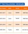 Table showing years, make, model for 2 Pack Rear Wheel Hub Bearing Assembly Fit for Lexus NX and Toyota RAV4 AWD 4WD.