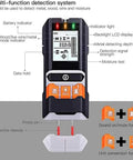 Heavy Duty 4 In 1 Stud Finder And Wall Scanner with LCD display and probe pins for detecting metal, wood, and moisture.