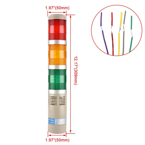 Industrial Signal Light Tower Stack Light LTA 502TJ 24VDC Continuous Light With Built In Buzzer, red, green, yellow LEDs, wires shown