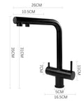 3-Way Kitchen Faucet with Pull-Down Hose Ch h Rotating Design Water Filter for Drinking Modern Sink Mixer in black with measurements.