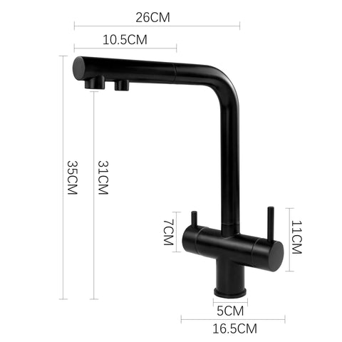3-Way Kitchen Faucet with Pull-Down Hose Ch h Rotating Design Water Filter for Drinking Modern Sink Mixer in black with measurements.