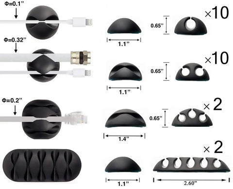 24 Pack Self Adhesive Cable Clips For Desk And Home Office Car including size details, black color, and cable organization.