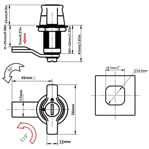 Technical drawing of keyed alike cabinet locks with cams for cabinets drawers mailboxes file cabinets tool boxes metal storage