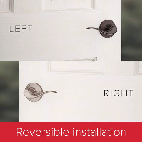 Avalon Front Door Handleset With Reversible Interior Lever No Fuss Non Locking Exterior Entry Handle In Venetian Bronze Microban Protection Deadbolt Not Included Easy DIY Install For Quick Home Upgrade showcasing left and right installation.