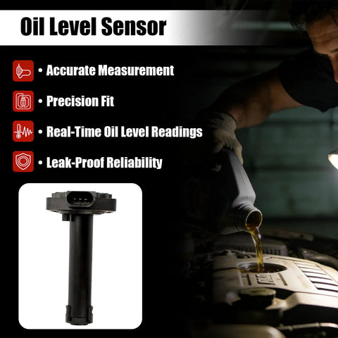 BMW Engine Oil Level Sensor Replacement Direct Fit For 2002-2015 1 Series 3 Series 5 Series 6 Series 7 Series Cars OE Replacement 12617607910 12610148464 12610400034 black plastic sensor shown with engine oil pouring
