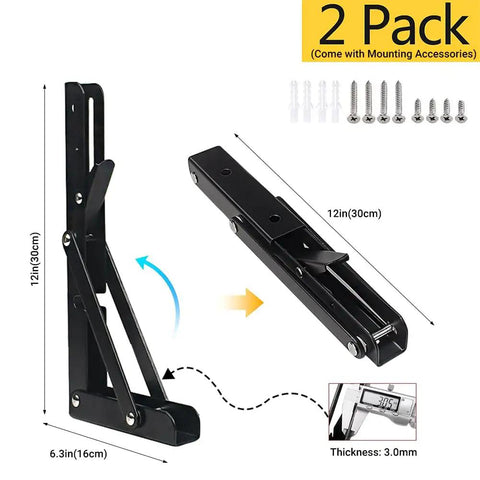 Heavy Duty Wall Mounted Folding Shelf Brackets With Tough Triangle Frame And Slick Fold Away Design For Hella Space Saving Diy Build Projects Max Load 330lbs In White Two Pack, detailed view with measurements.