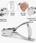 Tough As Nails Heavy Duty Handheld Hole Punch for ID cards and PVC with spring action and zinc alloy, showcasing oval slot blade