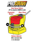ProStraw with control flow technology showing dual spray pattern, ergonomic button, clear straw, and volume adjuster for spray control.