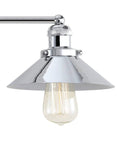 Close-up of metal cone shade and LED bulb in Lit Chrome 2 Light Industrial Farmhouse Vanity Light Wall Sconce for bathroom mirror