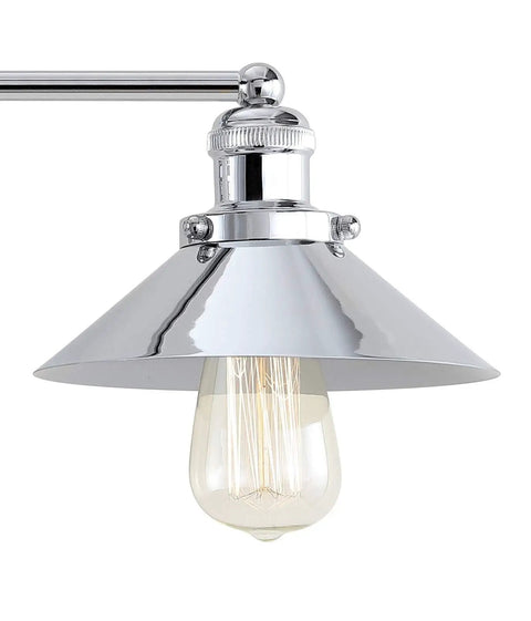 Close-up of metal cone shade and LED bulb in Lit Chrome 2 Light Industrial Farmhouse Vanity Light Wall Sconce for bathroom mirror