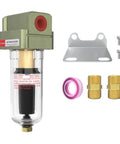 Auto Drain Air Line Filter Inline Pneumatic Water Trap For Air Compressor Systems, One Quarter Inch NPT, Five Micron Brass Filter Element